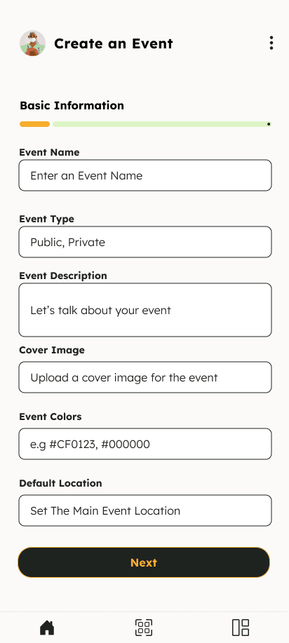 Chakap app screen showing event creation setup for a shared photo and video gallery