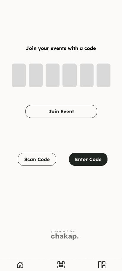 Chakap guest entry screen showing event code input for instant access