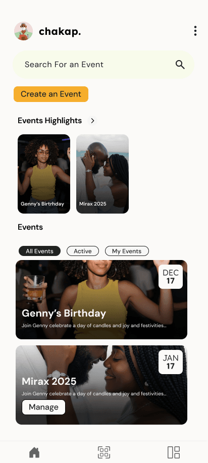Chakap event hub showing live uploads and shared gallery from multiple guests